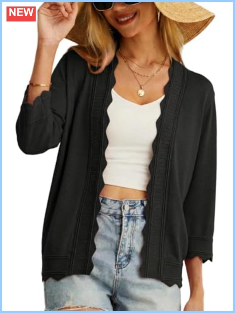 Women's Lightweight Open Front Cardigan 3/4 Sleeve Scalloped Trim Knit Shrug